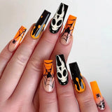 Xpoko New Halloween Fake Nails Patch Black Almond/Coffin Head Artificial Nail Tips Pumpkin Spider Ghost Printed Press on Nail for Girl