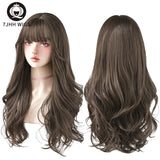 Xpoko 7JHH WIGS Popular Brown Ash Long Deep Wave Hair Lolita Wigs With Bangs Synthetic Wig For Women Fashion Thick Curls Wigs Girl