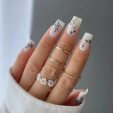 Xpoko 24Pcs White False Nails Mid-length Square Head Fake Nail with Golden Blue Leaves Design Press on Nails Full Cover Nail Tips