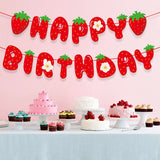 Xpoko 1set Strawberry Disposable Tableware Paper Birthday Banners Candy Bags for Kids Strawberry Birthday Party Decoration Supply