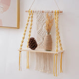 Xpoko DIY Handmade Tassel Macrame Tapestry Wall Hanging Shelf Boho Cotton Rope Woven Plant Hanger Wood Floating Shelf Wall Decor