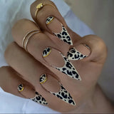 Xpoko 24Pcs French Fake Nail with Leopard Print Design Long Stiletto False Nails Wearabe Almond Press on Nails Full Cover Nail Tips