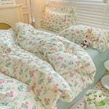 Xpoko Cute Floral Duvet Cover Set Ins Korean Style with Flat Sheet Pillowcase No filler Washed Cotton Queen Full Twin Home Bed Linen