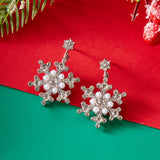 Xpoko Fashion Imitation Pearl Snowflake Earrings for Women Delicate Colorful Rhinestone Snowflake Stud Earring Christmas Jewelry Gift