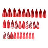 Xpoko 24pcs Shiny Red Press on Nail Christmas Snowflake Stripe Printed Fake Nail Tips Wearable Full Cover Almond Fake Nail Patch