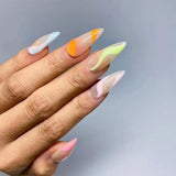 Xpoko 24Pcs Rainbow Almond False Nails with Glue Long Simple Fake Nails French Acrylic Nail Press on Full Over Wearable Nail Tips