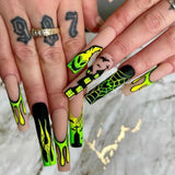 Xpoko New Halloween Fake Nails Patch Black Almond/Coffin Head Artificial Nail Tips Pumpkin Spider Ghost Printed Press on Nail for Girl