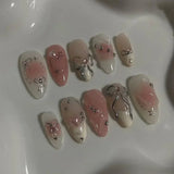 Xpoko 24Pcs Short Round Head Almond Fake Nails with Flowers Grass Pattern Wearable False Nails Tips Summer Full Cover Press on Nails