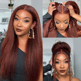 Xpoko Reddish Brown Kinky Straight Synthetic Lace Front Wigs For Women T Part Copper Red Pre Plucked With Baby Hair Lace Closured Wig