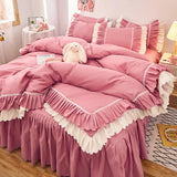 Xpoko Pink Lace Ruffle Bedding Set Luxury Bed Skirt Sheet Bedspread Korean Duvet Cover Girls Princess Bedspread Pillowcases