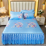 Xpoko European Luxury Bed Skirts Ice Silk Mat Skirt with Lace Macrame Queen Floral Sheet Bedspread Soft Bedding for Elegant Home Decor