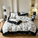 Xpoko Home Textile French Vintage 3/4PC Washed Cotton Black White Ruffle Duvet Cover Flat Sheet With Pillowcase  For Girls Bedding Set