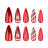 Xpoko 24pcs Shiny Red Press on Nail Christmas Snowflake Stripe Printed Fake Nail Tips Wearable Full Cover Almond Fake Nail Patch