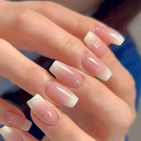 Xpoko 24Pcs Short False Nails French Gradient Pink Fake Nails Almond Press on Nails Coffin Full Cover Nail Tips Detachable Manicures