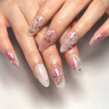 Xpoko 24Pcs Short Round Head Pink Fake Nails with Rose Flowers leaf Pattern Wearable Almond False Nail Full Cover Press on Nails Tips