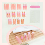 Xpoko 24Pcs Long Pink False Nails French Fake Nail with Camellia 3D Designs Detachable Press on Nails Coffin Ballet Full Over Nail Tip