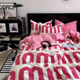 Xpoko Korean Style Pink Letter Bedding Set Flat Bed Sheet Pillowcase Twin Full Queen Size Bed Linen Women Girls Duvet Cover No Filling