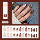 Xpoko 24pcs Autumn Brown French Fake Nails Sweet Cool Wearing False Nails Wearable Full Cover Leopard Print Almond Press on Nails