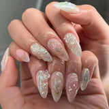 Xpoko 24Pcs Short Round Head Almond Fake Nails with Flowers Grass Pattern Wearable False Nails Tips Summer Full Cover Press on Nails