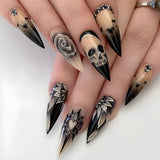 Xpoko 24Pcs Halloween Almond False Nails with Glue Flame Ghost Design Fake Nail Tips Long Oval Press on Nails Full Cover Manicure