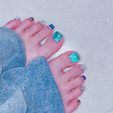 Xpoko Summer False Toe Nails 24pcs Cat's Eye y2k Fake Foot Nails with Full Diamond Designs Full Cover Press on Square Feet Nail Tips
