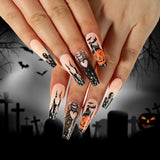 Xpoko 24pcs Long Ballet Coffin Gradient Black False Nails Halloween 3D Spider Crow Design Fake Nails Wearable Full Cover Press on Nail