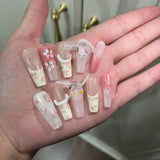 Xpoko 10pcs Pink Cat Eye Coffin Fake Nails with 3D Tulip Pearl Detachable Artificial False Nails with Glue Full Cover Press On Nails