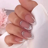 Xpoko 24Pcs Short French False Nails with Silver Edge Simple Nails Press on Acrylic Almond Ballerina Fake Nails Full Over Nail Tips