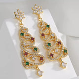 Xpoko Christmas Gifts Luxury Colorful Rhinestone Christmas Tree Dangle Earrings for Women Exquisite Zircon Star New Year Earrings Girls Party Jewelry