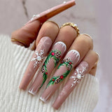 Xpoko 24PCS Christmas Snow Elk Tree Fake Nails Reusable Stick On Nails Press on Full Cover 3D False Nail Tips DIY Manicure Dropship