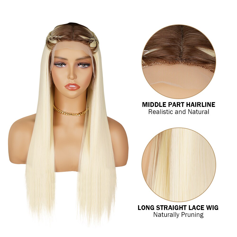 Xpoko 613 Long Straight Blonde Brown Roots Wig Halloween Synthetic Blonde Wigs For Women Glueless Ombre Brown Wig Heat Resistant Fiber