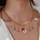 Xpoko Christmas Gifts Vintage Creative Christmas Pearl Bell Necklace for Women Cute Enamel Snowman Christmas Tree Snowflake Necklace New Year Jewelry