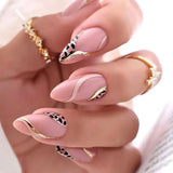 Xpoko 24pcs Leopard Print Fake Nails with Glue Almond Acrylic Press on False Nails Gold Lines French Nail Tips Sweet Cool Autumn Nails