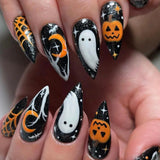 Xpoko New Halloween Fake Nails Patch Black Almond/Coffin Head Artificial Nail Tips Pumpkin Spider Ghost Printed Press on Nail for Girl