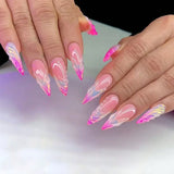 Xpoko 24pcs almond stiletto glitter Pink french press on acrylic nails with 3D Love design ballet long false nail Full Cover Nail Tips