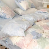 Xpoko Korean Style Tie-Dye Bedding Set Flat Bed Sheet Pillowcase Twin Full Queen Size Bed Linen Women Girls Pink Duvet Cover Set