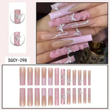 Xpoko 24Pcs Long Square Press on Nails Love Pattern Design Artifical Coffin False Nail Brown French Wearable Full Cover Fake Nail Tips