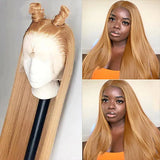 Xpoko 13x4 HD Transparent Lace Front Human Hair Wigs 27# Honey Blonde Colored Hair 32 Inch Straight Human Hair Frontal Wigs For Women