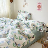 Xpoko Cute Floral Duvet Cover Set Ins Korean Style with Flat Sheet Pillowcase No filler Washed Cotton Queen Full Twin Home Bed Linen