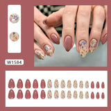 Xpoko 24Pcs Short Round Head Pink Fake Nails with Rose Flowers leaf Pattern Wearable Almond False Nail Full Cover Press on Nails Tips