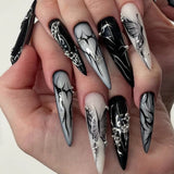 Xpoko 24pcs European Heavy Metal Fake Nails Black Butterfly False Nails Wearable Detachable Punk Style Long Pointed Press on Nail Tips