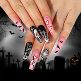 Xpoko 24pcs Long Ballet Coffin Gradient Black False Nails Halloween 3D Spider Crow Design Fake Nails Wearable Full Cover Press on Nail