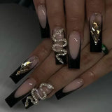 Xpoko 24Pcs Long Coffin False Nails with Glue Yellow Snake Rhinestone Design Wearable Ballet Press on Nails Full Cover Fake Nail Tips