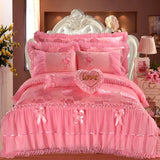 Xpoko 4/6/8pcs Red Pink Lace Princess Bedding Set Luxury Girls Wedding Bed Set Quilt Cover Bed Sheets Queen King Size 2018 New Design