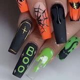 Xpoko 24pcs Long Ballet Coffin Gradient Black False Nails Halloween 3D Spider Crow Design Fake Nails Wearable Full Cover Press on Nail