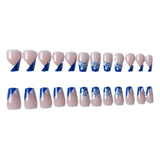 Xpoko 24Pcs Short Square Press on Nails Blue White Flower Design French False Nails Ballerina Wearable Full Cover Fake Nail Art Tips