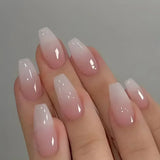 Xpoko 24Pcs Short False Nails French Gradient Pink Fake Nails Almond Press on Nails Coffin Full Cover Nail Tips Detachable Manicures