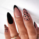 Xpoko 24pcs Leopard Print Fake Nails with Glue Almond Acrylic Press on False Nails Gold Lines French Nail Tips Sweet Cool Autumn Nails