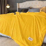 Xpoko Striped Yellow Solid Blanket Flannel Soft Adults Bed Cover Winter Warm Stitch Fluffy Bed Linen Bedspread for Sofa Bedroom Decor