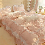 Xpoko INS Korean Princess Bedding Kawaii Ruffle Lace Bed Skirt Duvet Cover Solid Color Queen Size For Girls Woman Home Textiles